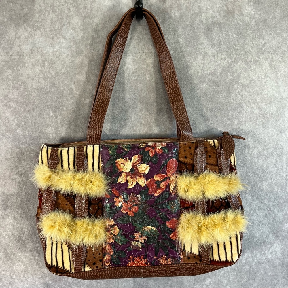 Patchwork Shoulder Bagâ Brown Beige Faux Leather & Fur Floral Tote Animal Print